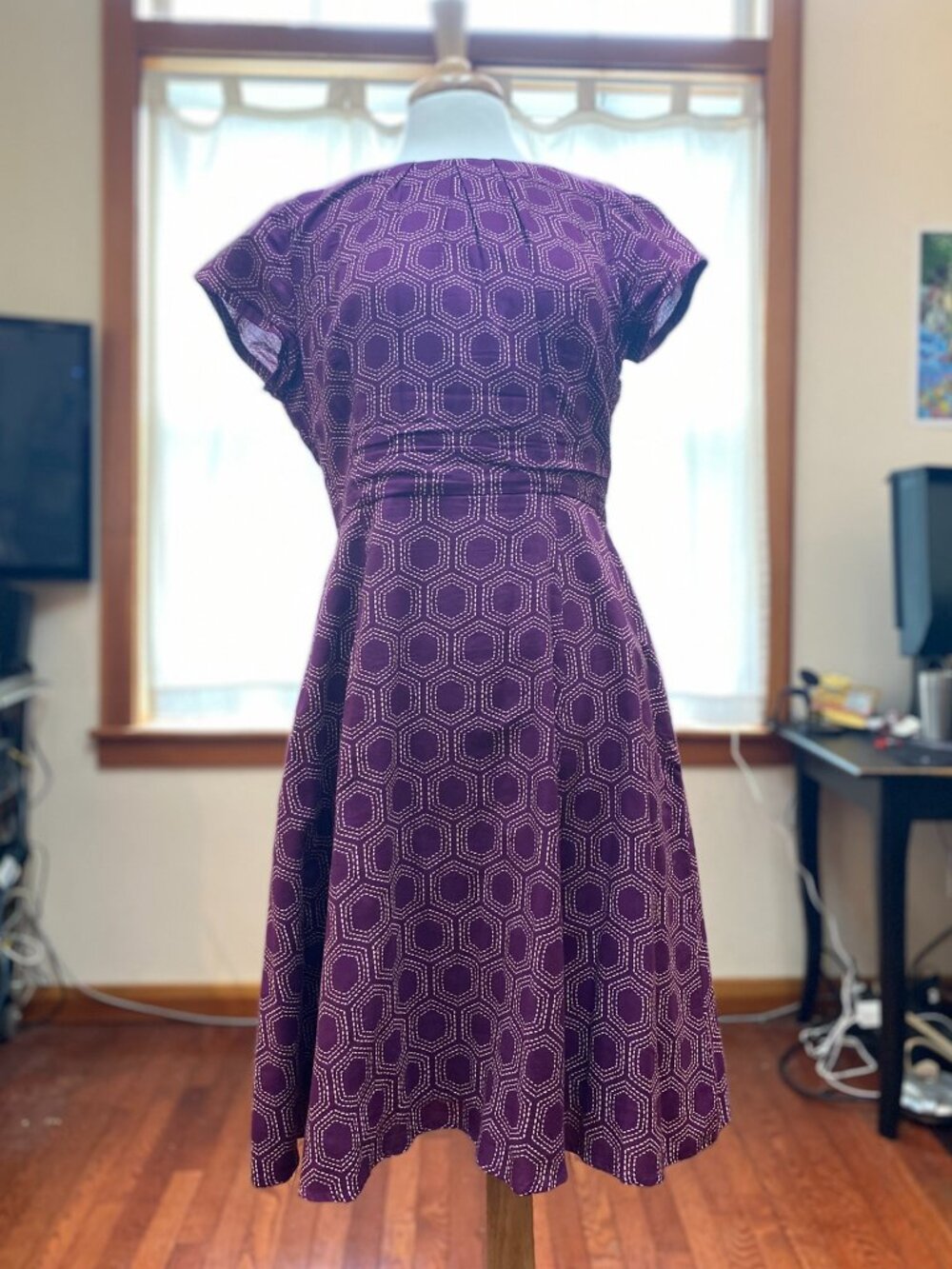 Purple cotton fit and flare dress with cap sleeves, size 10